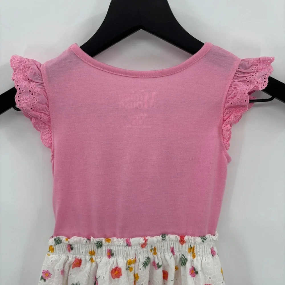 Disney Minnie Mouse Dress Size 4/5 Girls Pink Flutter Sleeve Floral Eyelet Boho